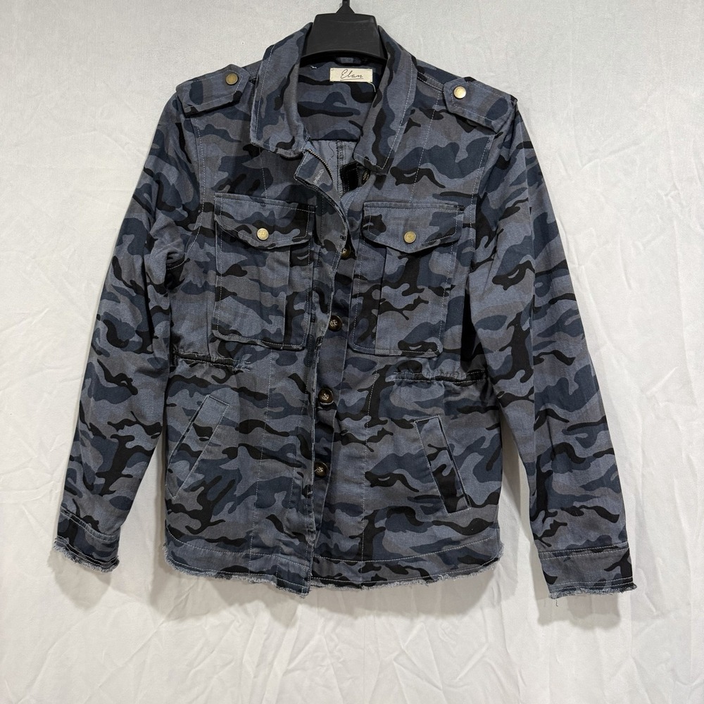 Women's Blue Camo Military Utility Zipper Button Up Jacket S